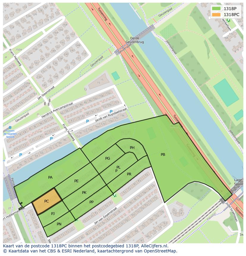 Afbeelding van het postcodegebied 1318 PC op de kaart.