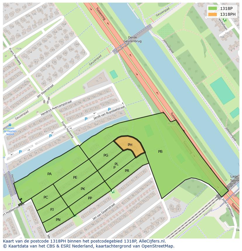 Afbeelding van het postcodegebied 1318 PH op de kaart.