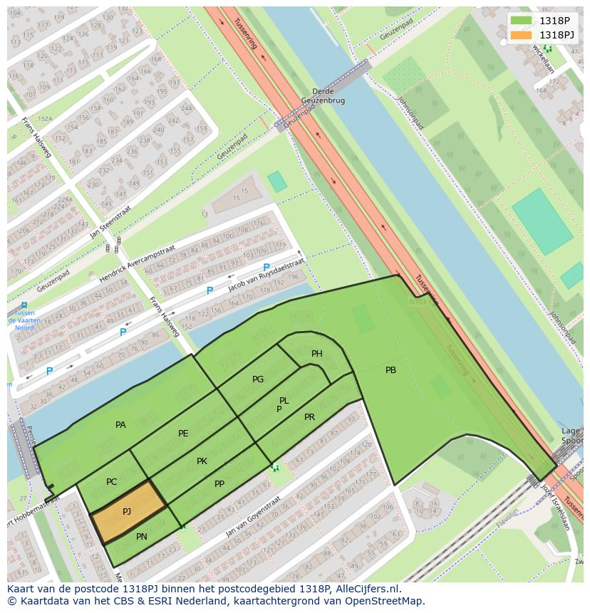 Afbeelding van het postcodegebied 1318 PJ op de kaart.