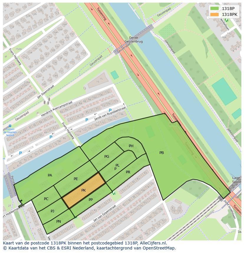Afbeelding van het postcodegebied 1318 PK op de kaart.