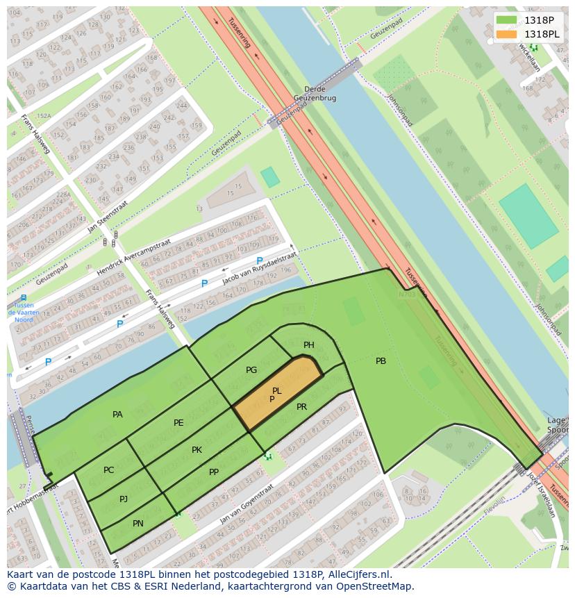 Afbeelding van het postcodegebied 1318 PL op de kaart.