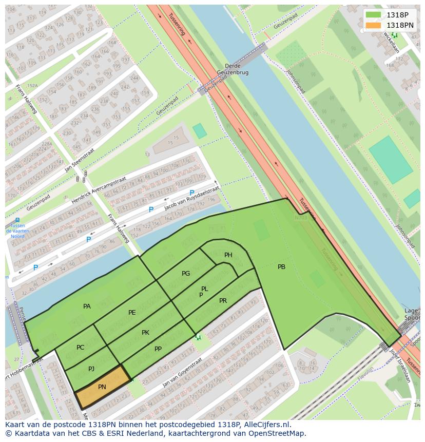 Afbeelding van het postcodegebied 1318 PN op de kaart.