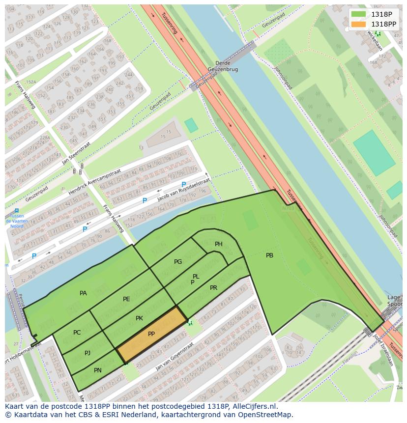Afbeelding van het postcodegebied 1318 PP op de kaart.