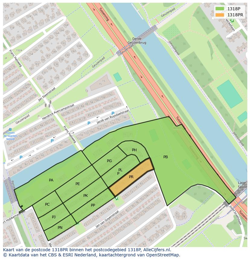 Afbeelding van het postcodegebied 1318 PR op de kaart.