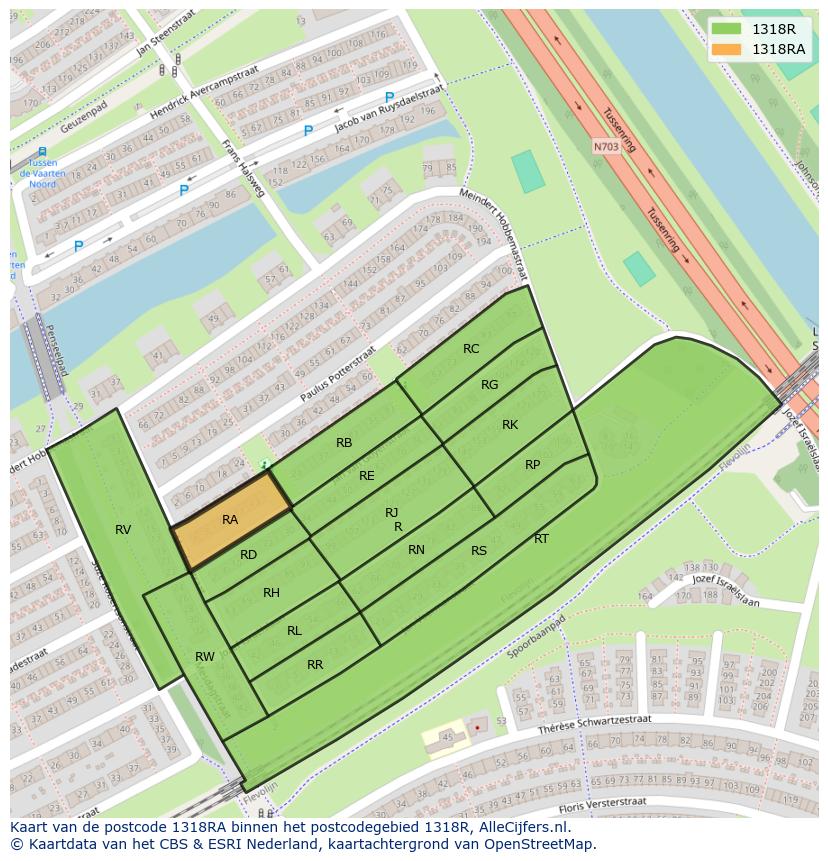 Afbeelding van het postcodegebied 1318 RA op de kaart.