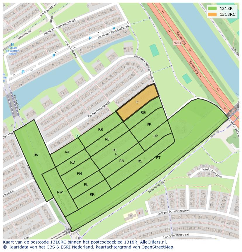 Afbeelding van het postcodegebied 1318 RC op de kaart.