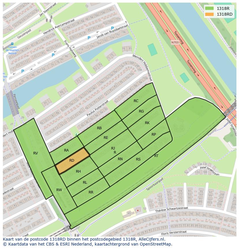 Afbeelding van het postcodegebied 1318 RD op de kaart.