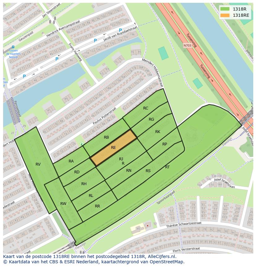 Afbeelding van het postcodegebied 1318 RE op de kaart.