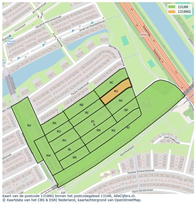 Afbeelding van het postcodegebied 1318 RG op de kaart.