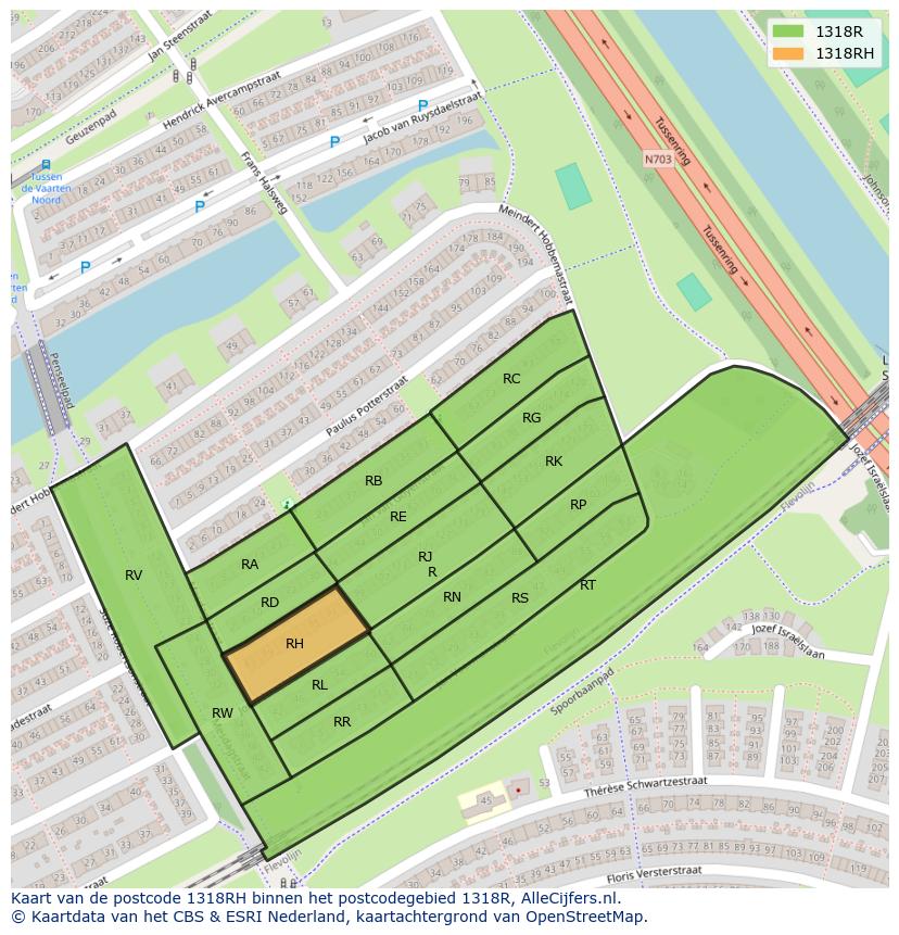 Afbeelding van het postcodegebied 1318 RH op de kaart.