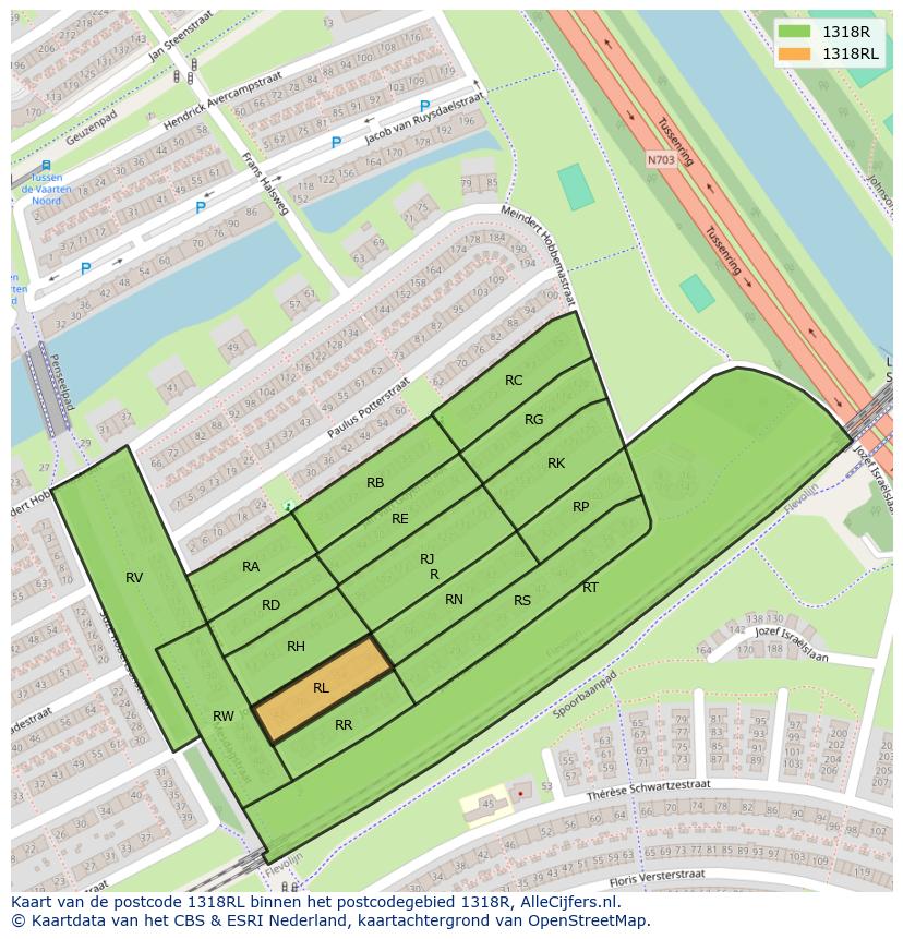 Afbeelding van het postcodegebied 1318 RL op de kaart.