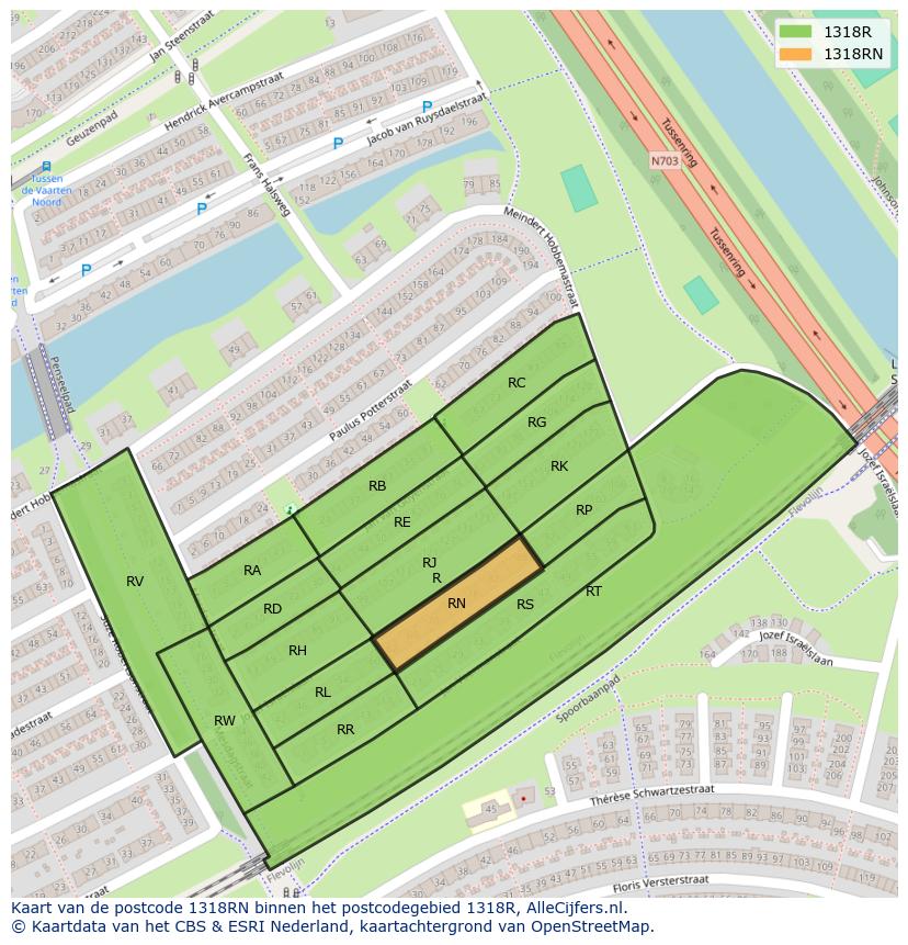 Afbeelding van het postcodegebied 1318 RN op de kaart.