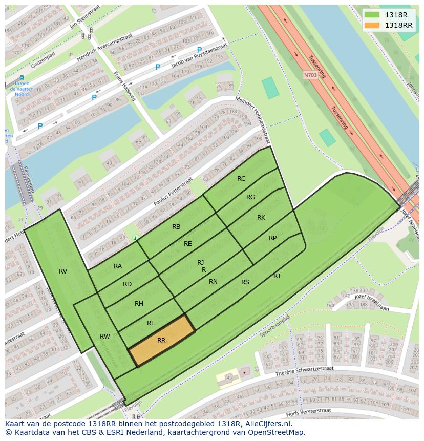 Afbeelding van het postcodegebied 1318 RR op de kaart.