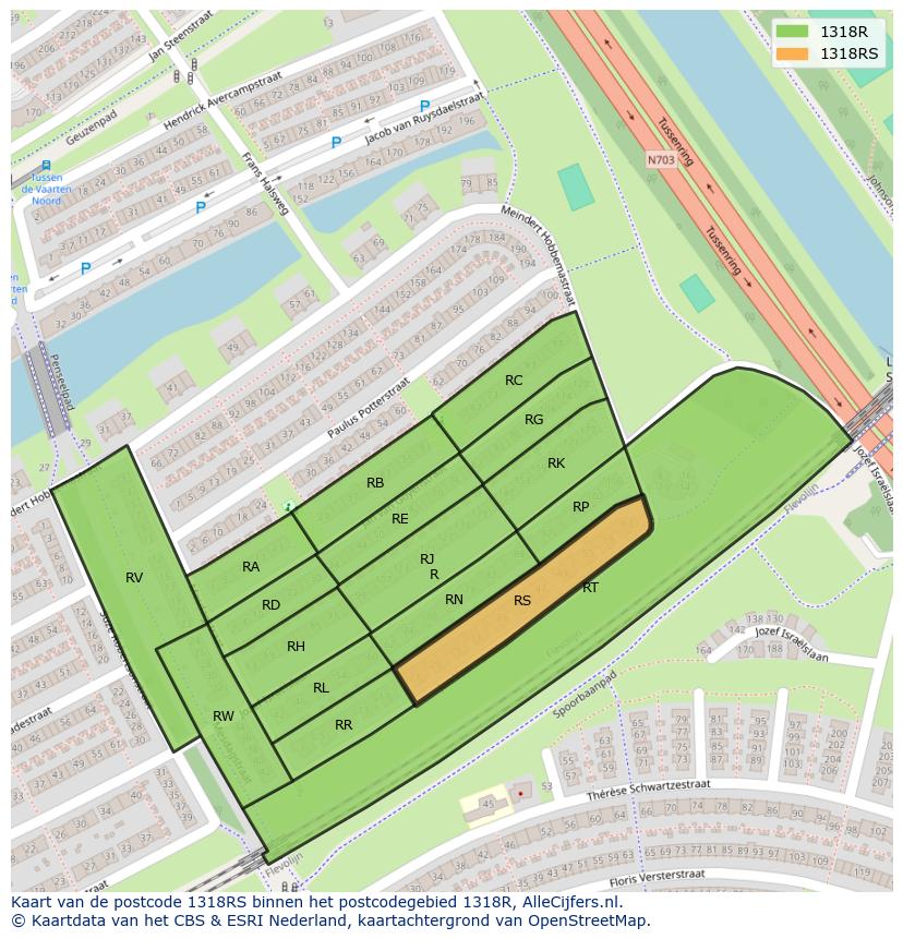 Afbeelding van het postcodegebied 1318 RS op de kaart.