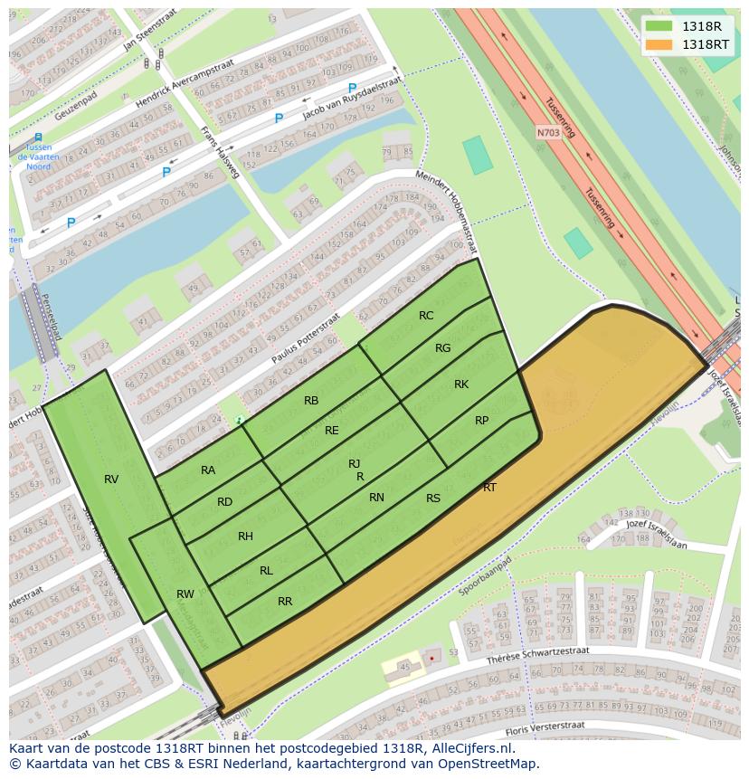 Afbeelding van het postcodegebied 1318 RT op de kaart.