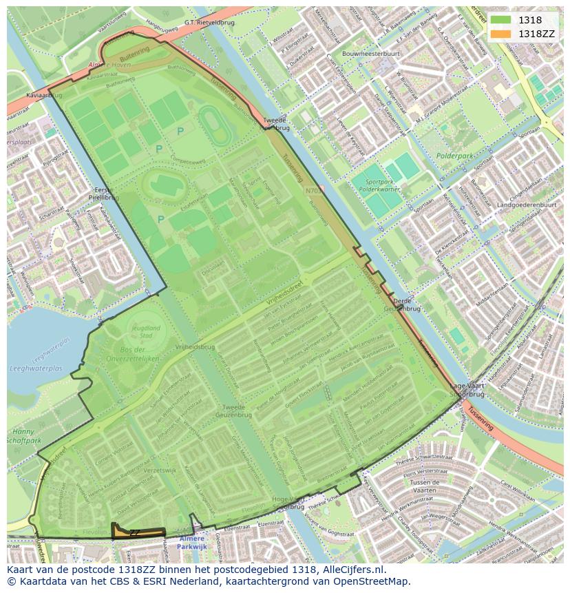 Afbeelding van het postcodegebied 1318 ZZ op de kaart.