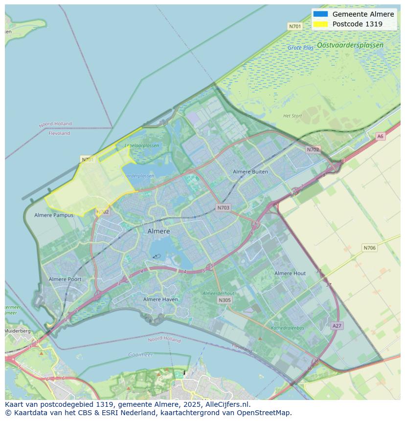 Afbeelding van het postcodegebied 1319 op de kaart.