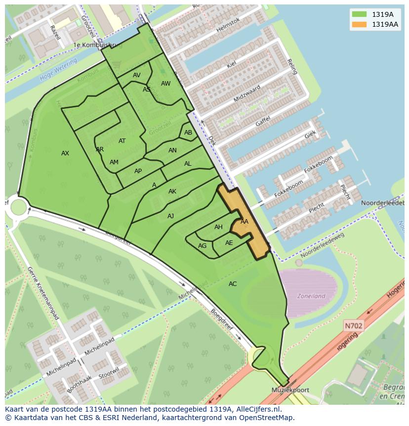 Afbeelding van het postcodegebied 1319 AA op de kaart.