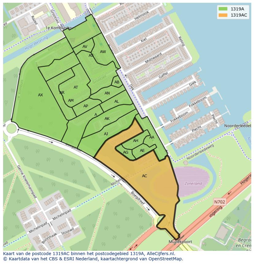 Afbeelding van het postcodegebied 1319 AC op de kaart.