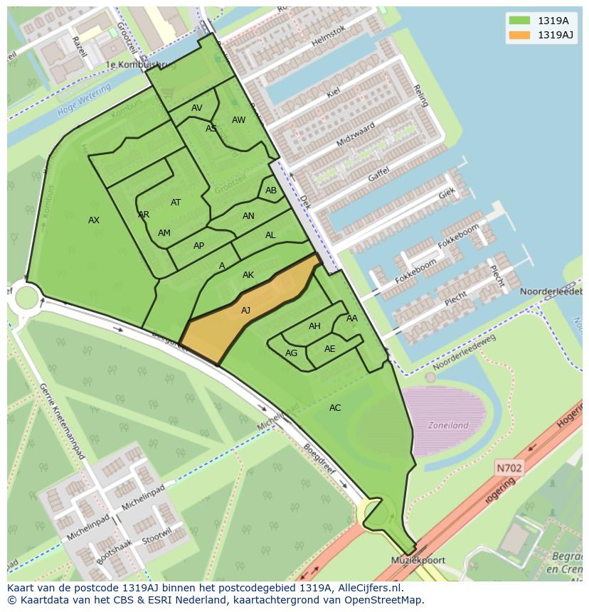 Afbeelding van het postcodegebied 1319 AJ op de kaart.