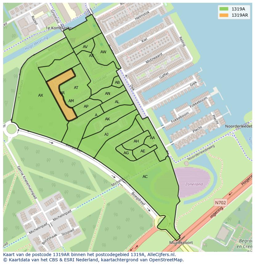 Afbeelding van het postcodegebied 1319 AR op de kaart.