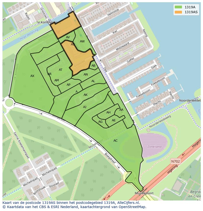 Afbeelding van het postcodegebied 1319 AS op de kaart.