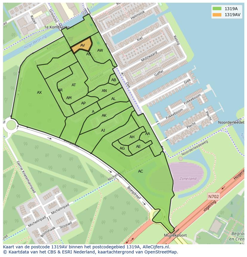Afbeelding van het postcodegebied 1319 AV op de kaart.
