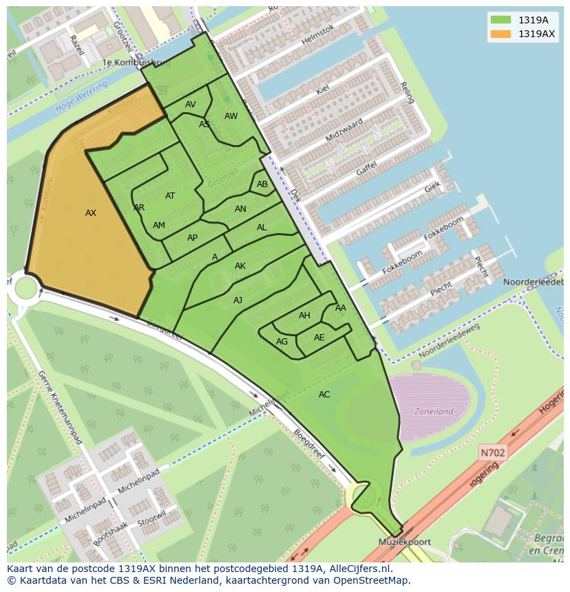 Afbeelding van het postcodegebied 1319 AX op de kaart.