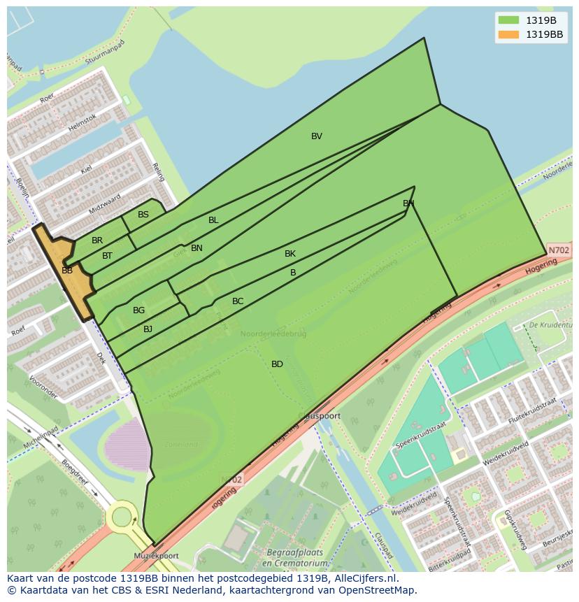 Afbeelding van het postcodegebied 1319 BB op de kaart.