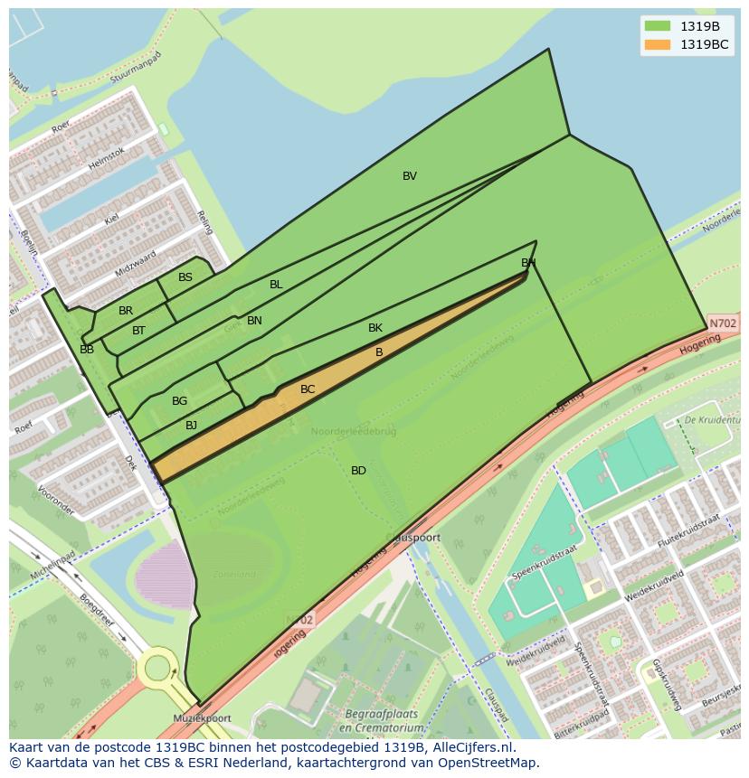 Afbeelding van het postcodegebied 1319 BC op de kaart.