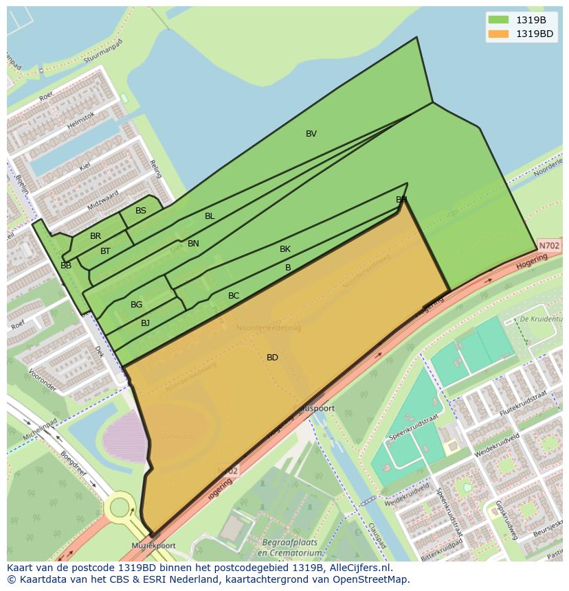 Afbeelding van het postcodegebied 1319 BD op de kaart.