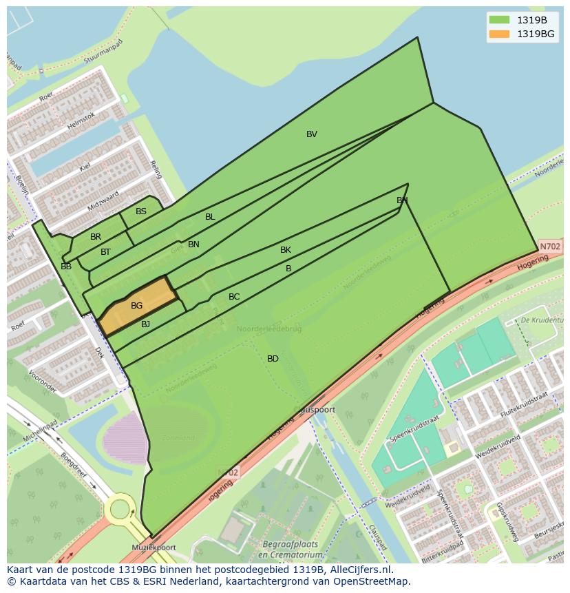 Afbeelding van het postcodegebied 1319 BG op de kaart.