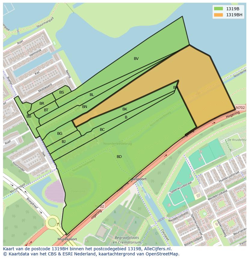 Afbeelding van het postcodegebied 1319 BH op de kaart.