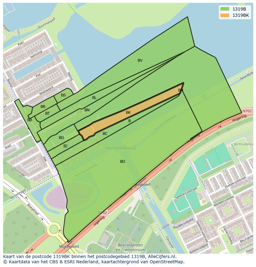 Afbeelding van het postcodegebied 1319 BK op de kaart.