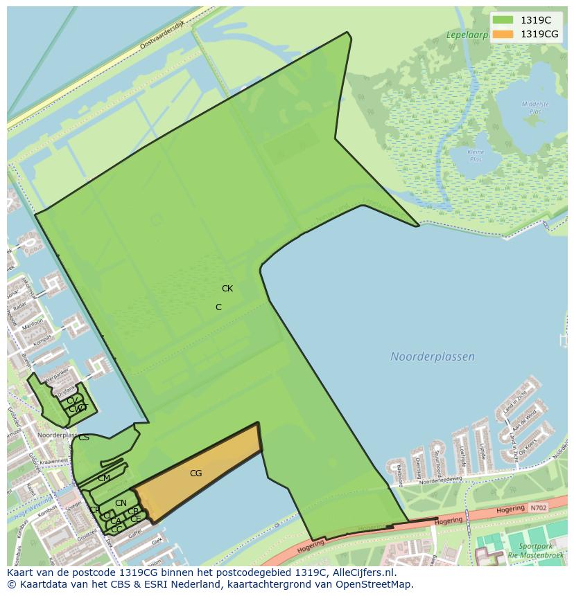 Afbeelding van het postcodegebied 1319 CG op de kaart.