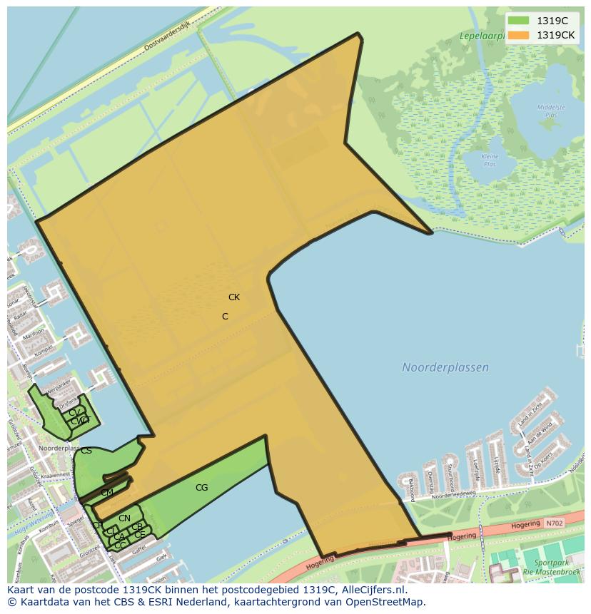 Afbeelding van het postcodegebied 1319 CK op de kaart.