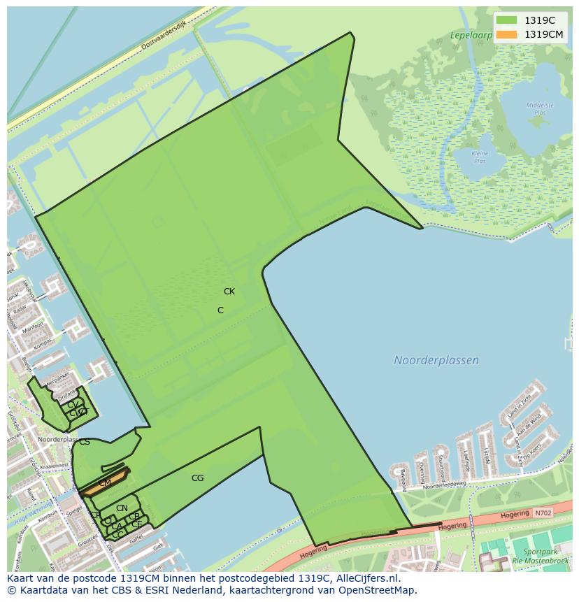 Afbeelding van het postcodegebied 1319 CM op de kaart.