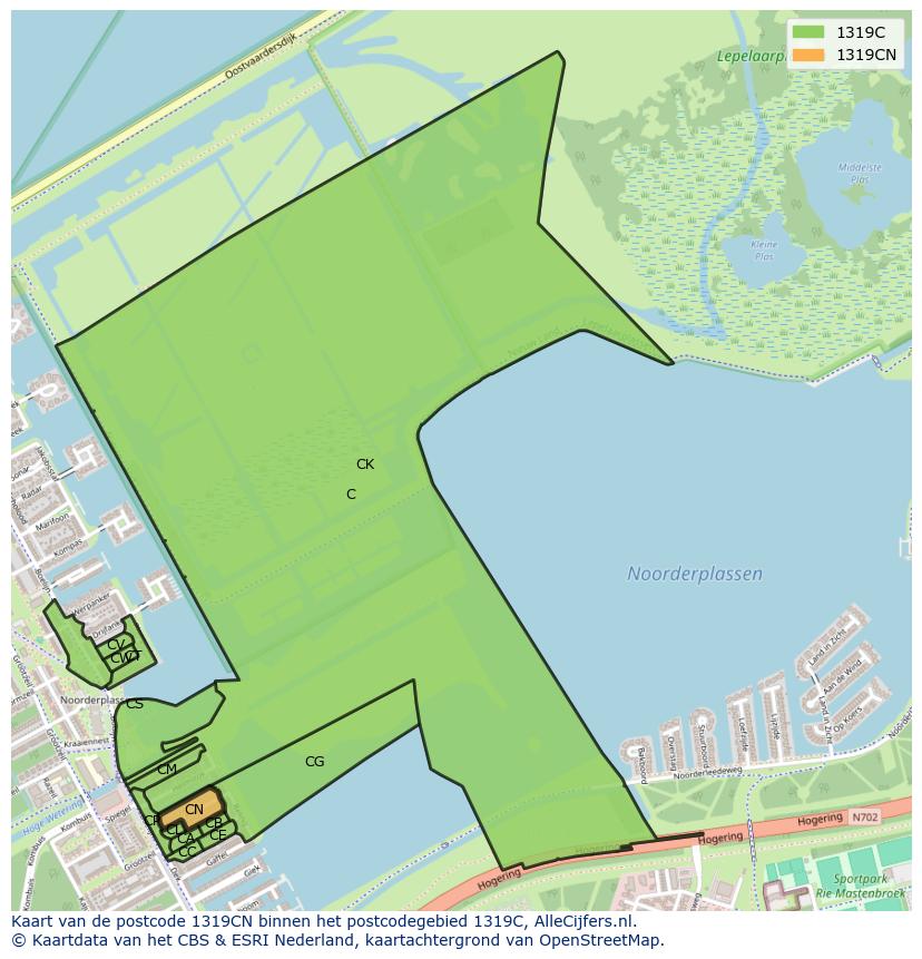 Afbeelding van het postcodegebied 1319 CN op de kaart.