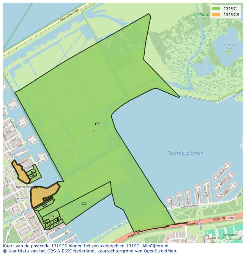 Afbeelding van het postcodegebied 1319 CS op de kaart.