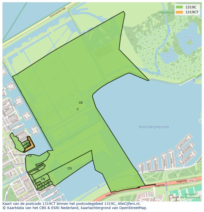 Afbeelding van het postcodegebied 1319 CT op de kaart.