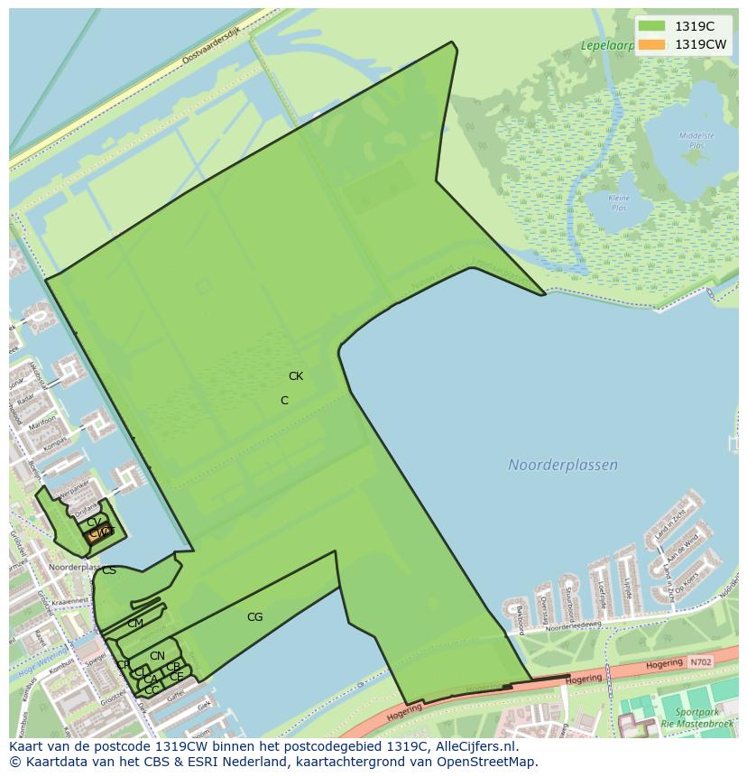 Afbeelding van het postcodegebied 1319 CW op de kaart.