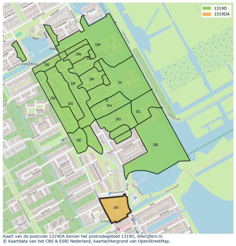 Afbeelding van het postcodegebied 1319 DA op de kaart.