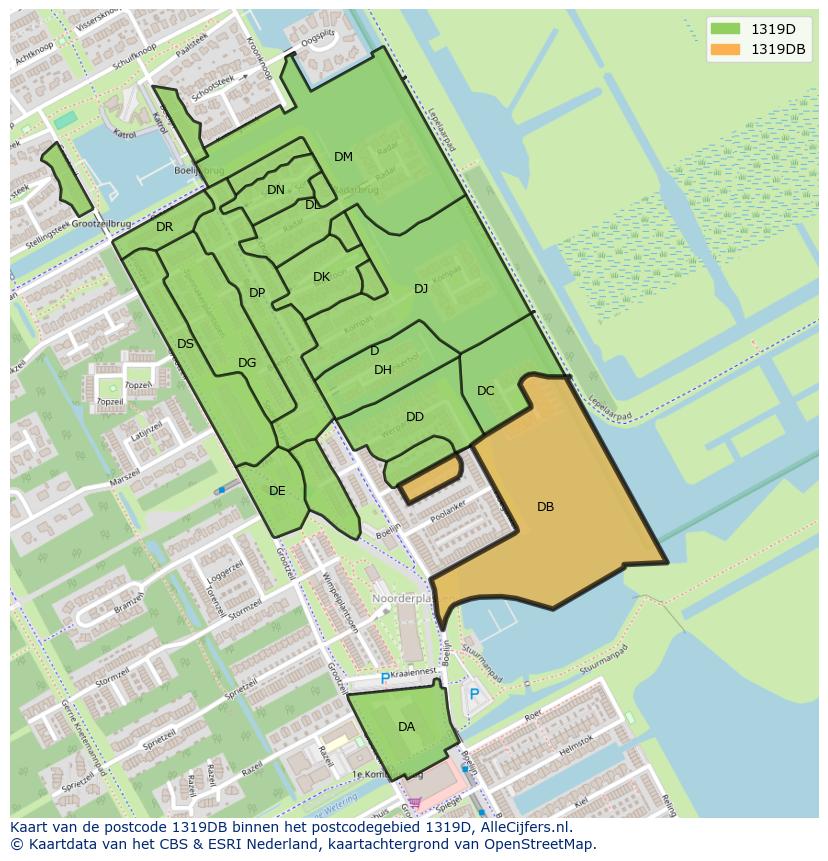 Afbeelding van het postcodegebied 1319 DB op de kaart.