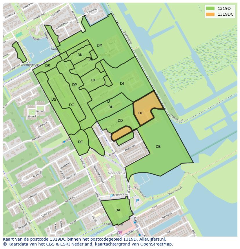 Afbeelding van het postcodegebied 1319 DC op de kaart.
