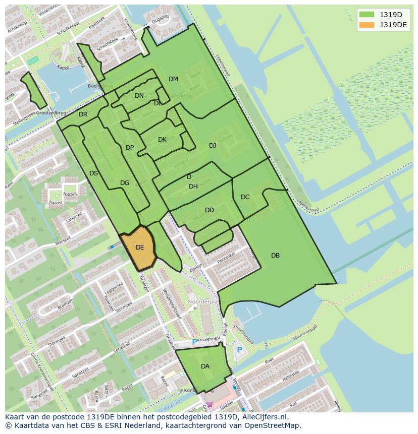 Afbeelding van het postcodegebied 1319 DE op de kaart.