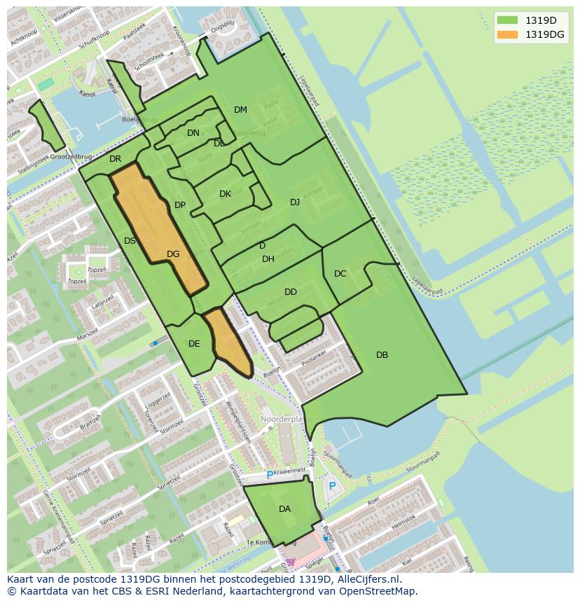 Afbeelding van het postcodegebied 1319 DG op de kaart.