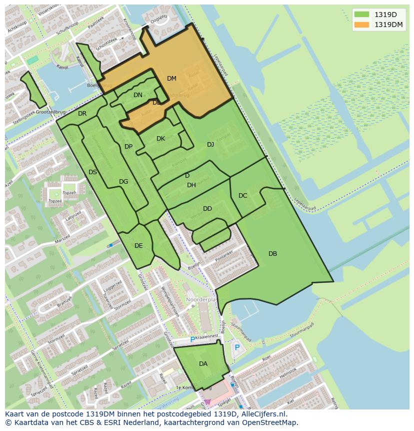Afbeelding van het postcodegebied 1319 DM op de kaart.