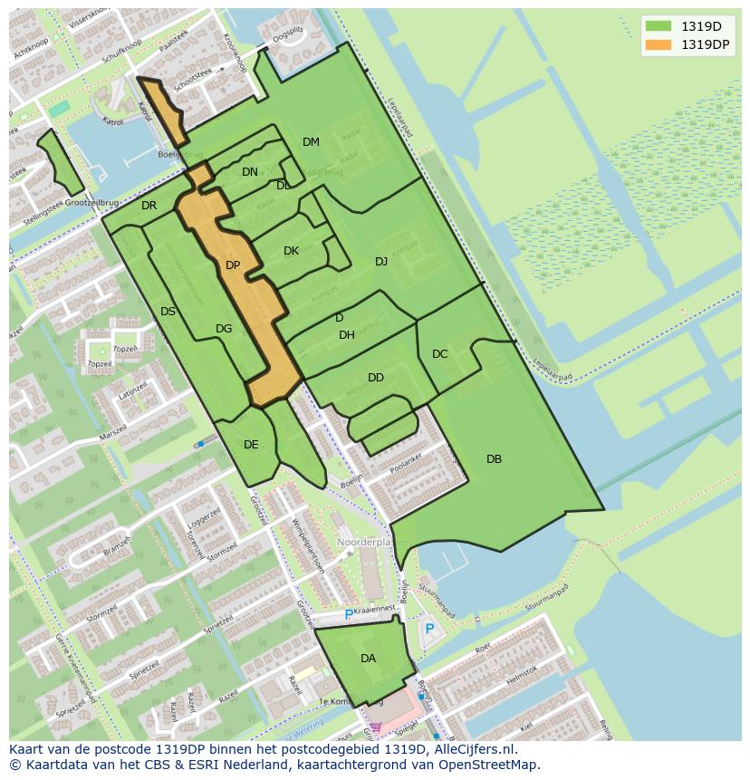 Afbeelding van het postcodegebied 1319 DP op de kaart.