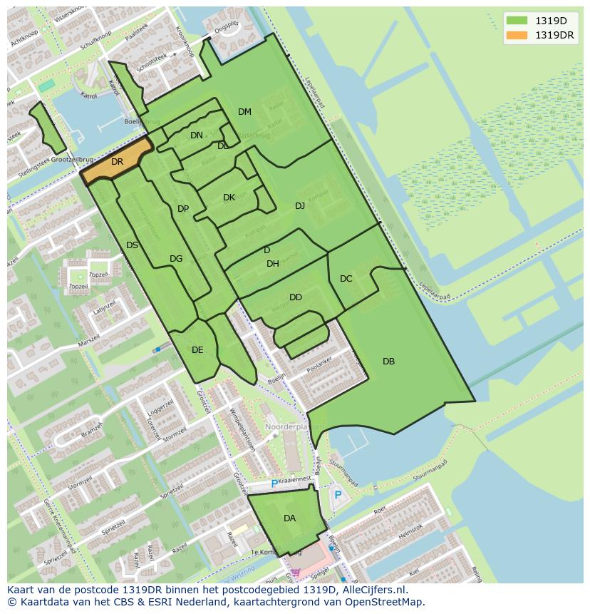 Afbeelding van het postcodegebied 1319 DR op de kaart.