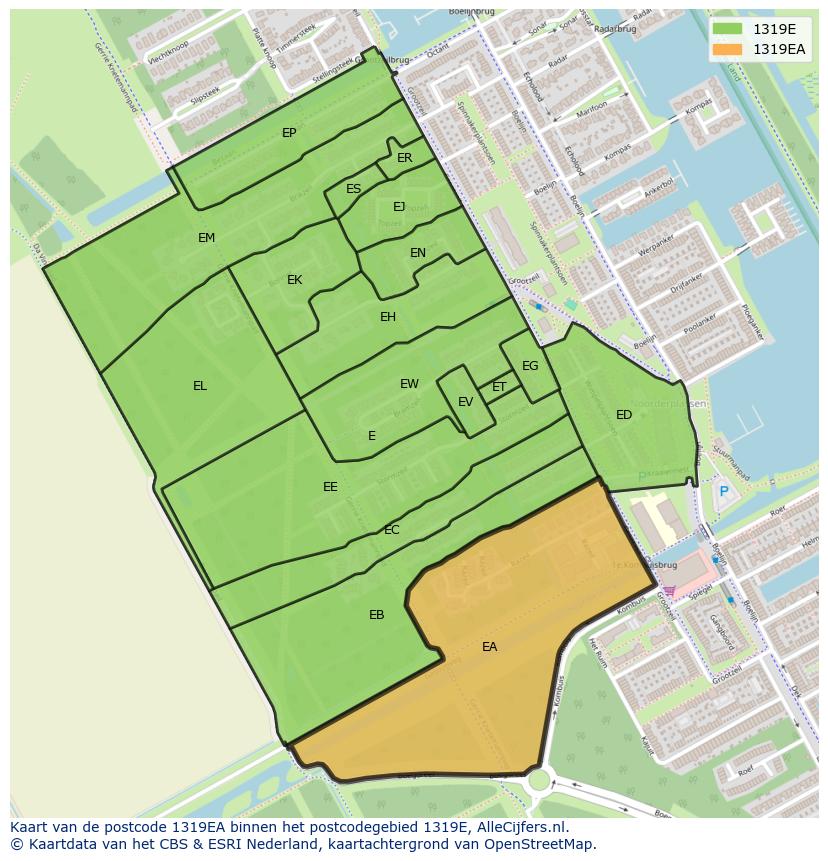 Afbeelding van het postcodegebied 1319 EA op de kaart.